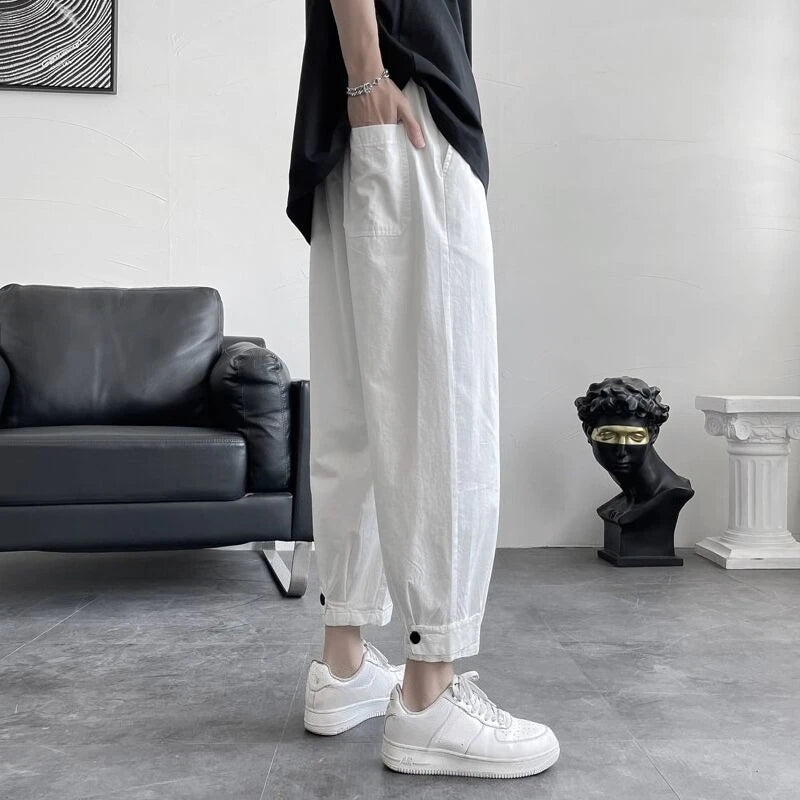 HEARUJOY  -  Summer Loose Solid Color Thin Men's Casual Harem Pants Harajuku Fashion Aesthetic Korean Style Designer Male Cropped Trousers