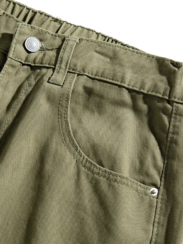 HEARUJOY  -  Korean Style Men’s Casual Pants for Spring Summer 100% Cotton Elastic Waist Solid Color Wide Leg Slacks Loose Straight Trousers