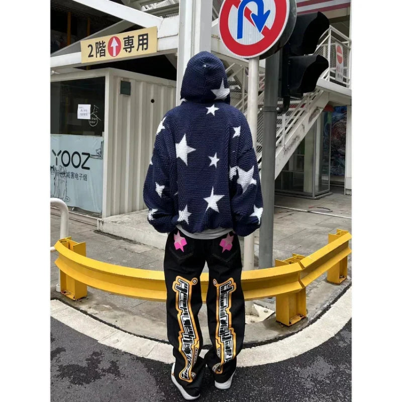 Hearujoy Y2k letter star print jeans women's original atmosphere American style zipper high waist hip-hop loose retro straight-leg pants