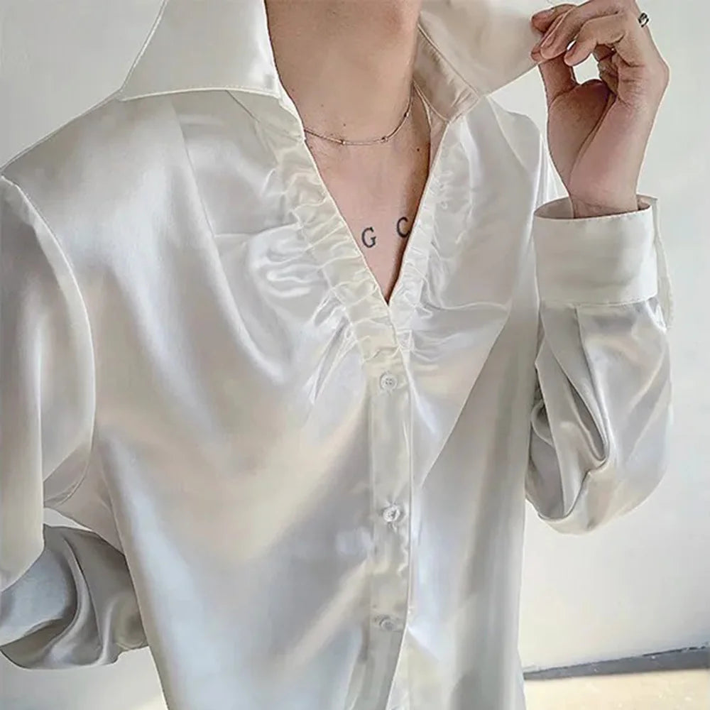 HEARUJOY  -  Mens Shirt Shiny Satin V-Neck Casual Shirt Spring Streetwear Fashion Versatile Sexy Long Sleeve Top Men'S Clothing