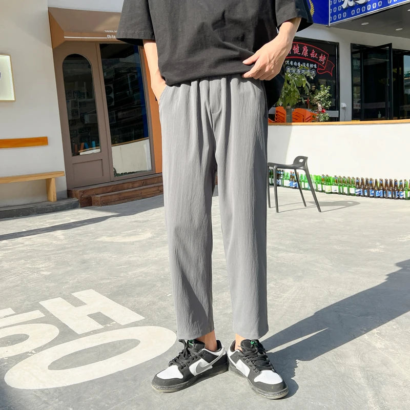 Hearujoy new men's elastic waist casual pants straight thin section boys street loose ice silk pants large size wide leg pants S-4XL