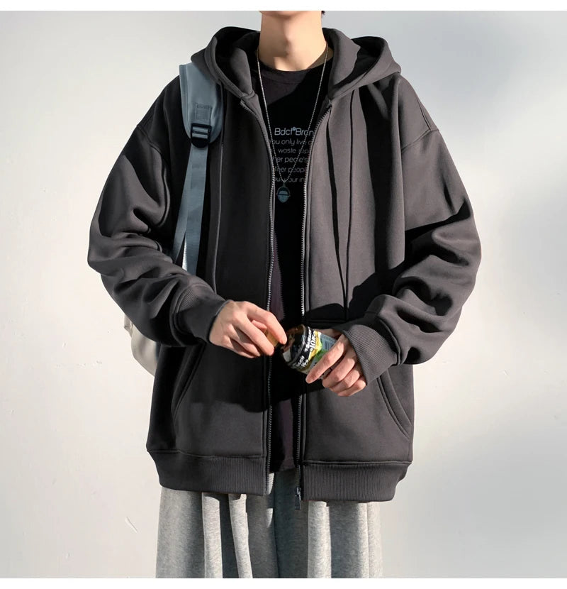 HEARUJOY  -  Spring Autumn Men's Zipper Hoodies Streetwear Casual Jacket Male Solid Color Loose Sweatshirts Simple Hooded Coats