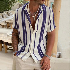 HEARUJOY  -  New Men's Slub Cotton Shirt Stripe Short Sleeve Collar Cardigan Summer Fashion Loose Oversize Shirts Top Streetwear Male