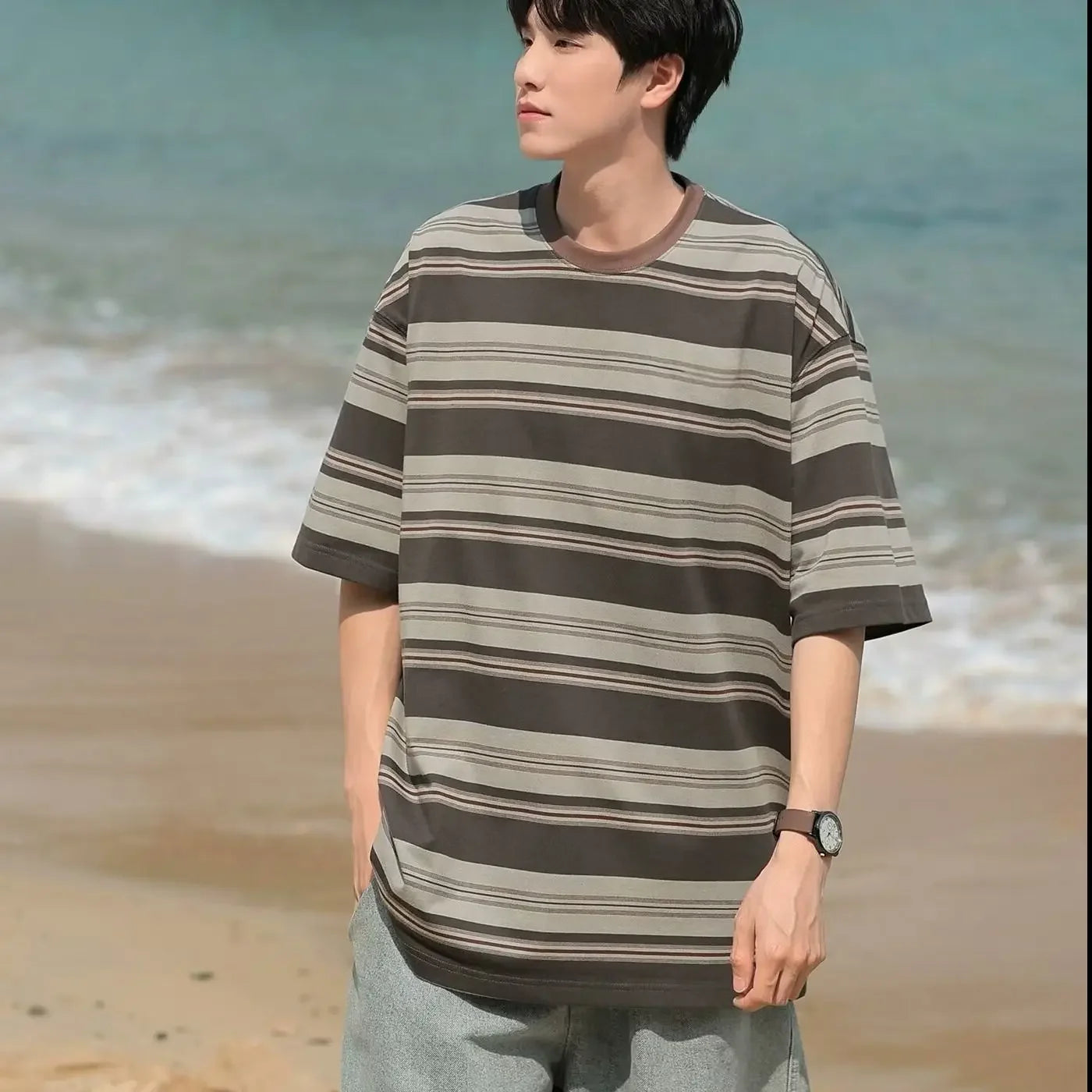 HEARUJOY  -  Striped Top Man Tee Shirts Loose T Shirt for Men Kpop Original Luxury High Quality Cheap Clothes Casual New in Harajuku Funny