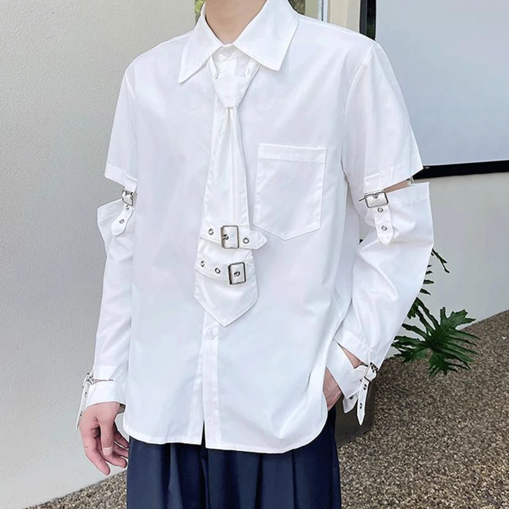 Hearujoy Mens Y2k Spliced Casual Long-Sleeved Shirt 2024 New Genderless Functional Personality Solid Color Loose Hand Strap Top Unisex