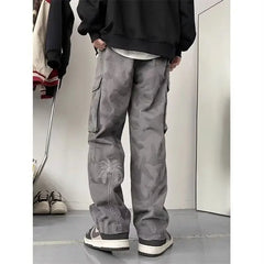 HEARUJOY  -  Washed Camouflage Work Pants American Retro Military Green Embroidered High Street Versatile Straight Casual Trousers