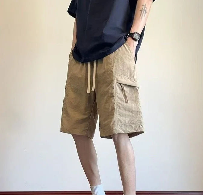 HEARUJOY  -  Wide Mens Cargo Shorts Baggy Over Knee Solid Elastic Waist Loose with Draw String Short Pants for Men Pockets High Quality V