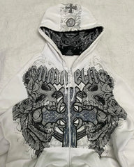 Hearujoy Affliction Hoodie Retro Gothic Skull Oversize Zipper Hoodie Mens Womens Hip Hop Casual Sweatshirt Personality Hooded Jacket Coat