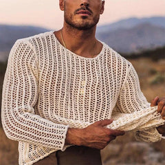 Hearujoy Knit Mesh Top Men Transparent Sexy See Through Men Long Sleeve Tee Streetwear Men's Clothing Fishnet Muscle Undershirts