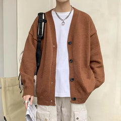 HEARUJOY  -  Autumn Winter Men Casual V-Neck Cardigan Sweaters Solid Color Long Sleeve Outerwear Single-breasted Male Loose Knitted Coats