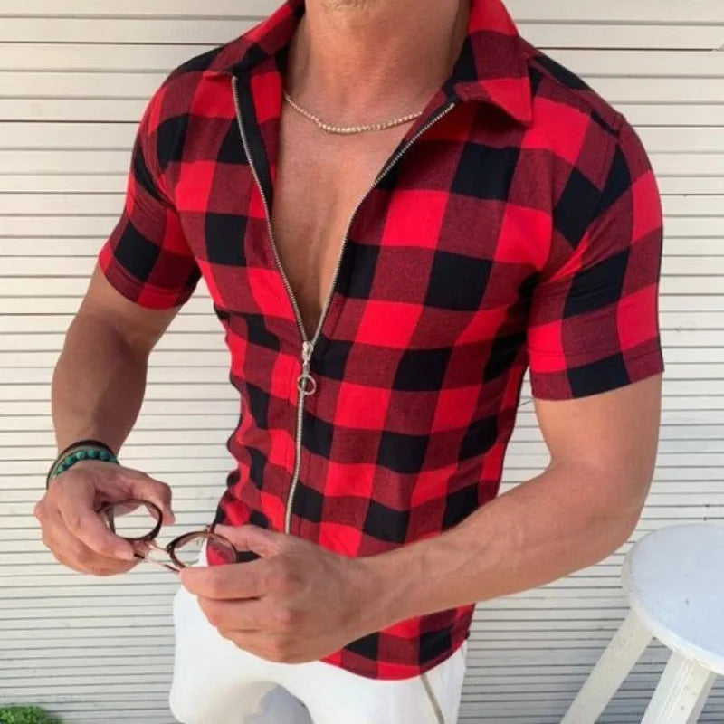 HEARUJOY  -  Fashion Plaid Printed Shirts For Men Slim Fit Short Sleeved Zipper Cardigan Top Summer Leisure Tshirt Streetwear Mens Clothing