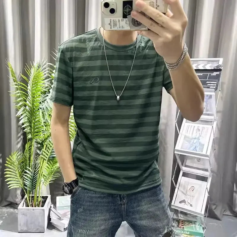HEARUJOY  -  Man Tee Shirts O Neck Striped Apricot Cotton Linen T Shirt for Men Short Quarter Sleeve Summer Basic Cheap Clothes Ordinary Top