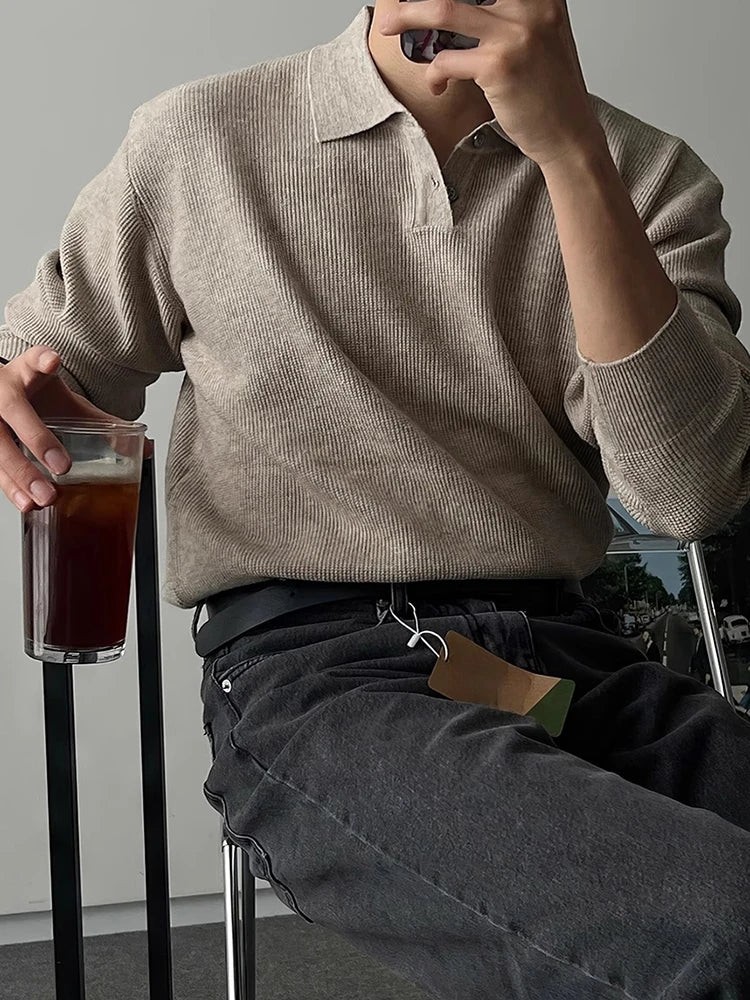 HEARUJOY  -  Spring Autumn Casual Knitting Men Polo Shirts Long Sleeve Slim Fit Elastic Knit Jumper Tops Men's Stylish Solid Color Polo Shirt