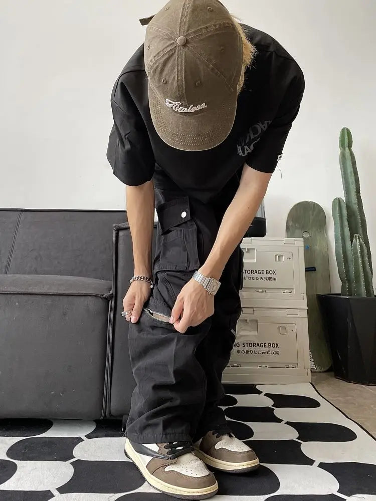 Hearujoy Cargo Pants Men Zipper Oversize Black Wide Leg Trousers Male Loose Casual Pockets Streetwear Hip Hop Safari Style