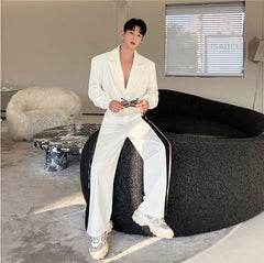 Hearujoy Korean Streetwear For Men 2023 Men's Sets Two-piece Solid Color Short Jacket Suit Strip Wide Leg Pants Casual Trend Male Suit