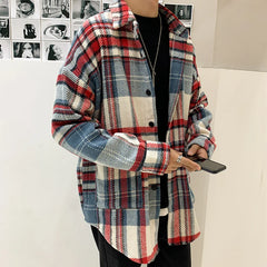 Hearujoy 2024 Spring Clothing Men's Casual Woolen Plaid Shirt Vintage Big Size Turn Down Collar Button Long-sleeved Check Tops Stylish