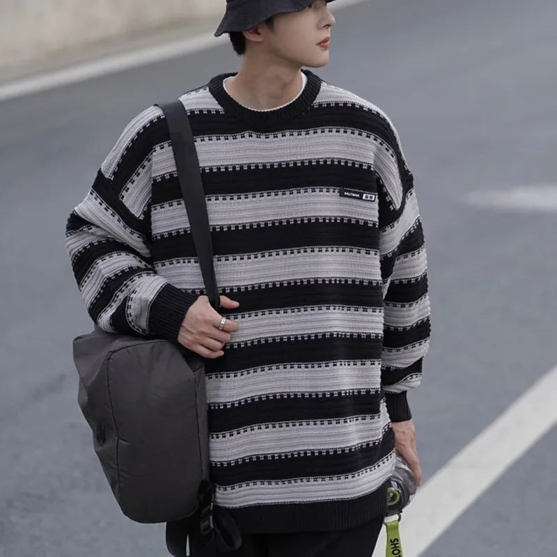 Hearujoy Striped Knitted Sweater Coat Men Japanese Oversize Casual Autumn Winter Loose O-neck Pullovers for Man Streetwear Korean