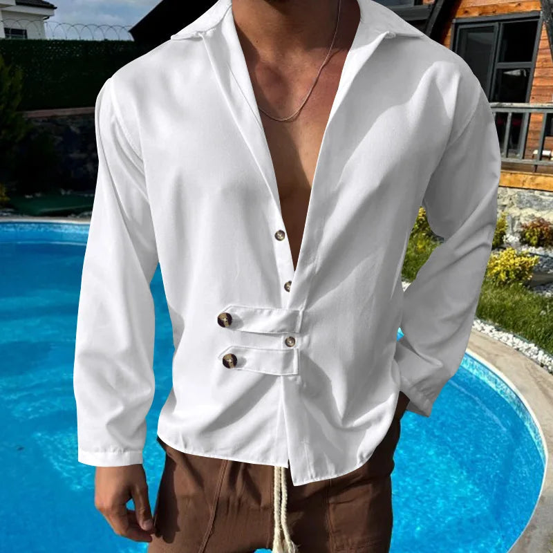 HEARUJOY  -  Men's Spring and Autumn Long Sleeve T-shirt Casual Loose Cardigan Lapel Button Down Shirt