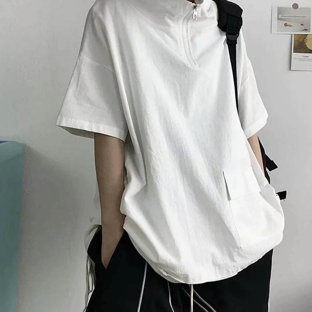 HEARUJOY  -  Pullover Men Tops Hoodie Loose Pocket Polyester Casual Harajuku Hip Hop Hooded Short Sleeve Solid Color Sweatshirt