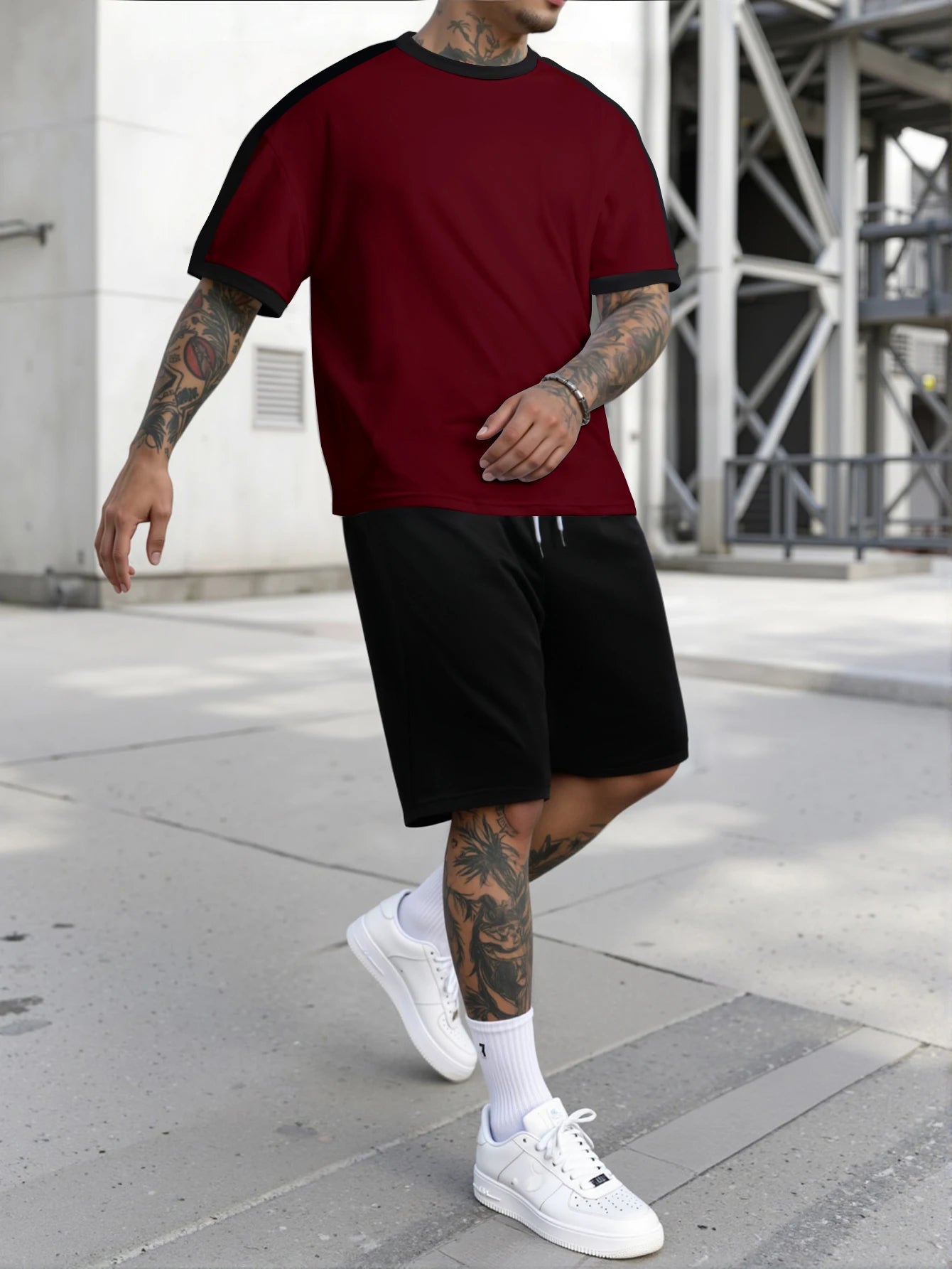 HEARUJOY  -  Summer New Color Matching Sports Suit Men's Short-Sleeved Shorts Loose T-Shirt Five Length Pants Casual Running Set Two-Piece