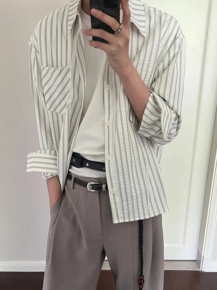 HEARUJOY  -  Spring Fall Casual Mens Striped Printed Shirt Long Sleeve Button-up Turn-down Collar Vintage Shirts Men Daily Leisure Cardigans