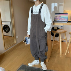 Hearujoy Suspenders Jumpsuit Pants Men Summer Overalls Japanese Loose Straps Casual Pockets Unisex Oversize Streetwear Solid Man Clothing