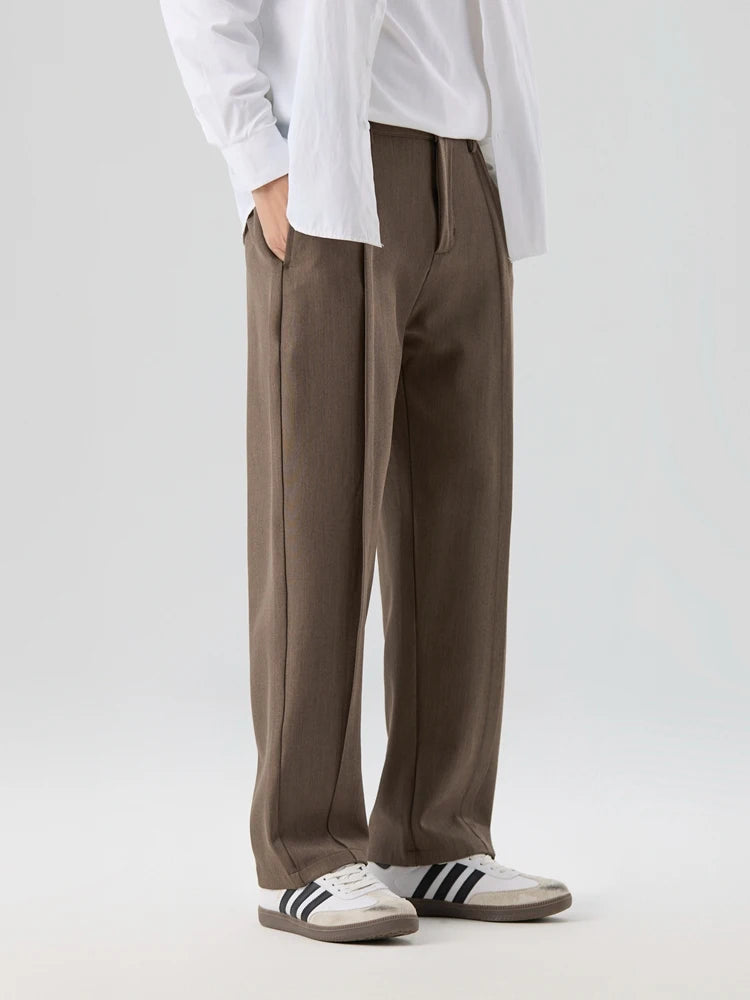 HEARUJOY  -  New Korean Men's Casual Pants Banded Waist Stretch Semi-Wide Pleated Suit Slacks Straight Loose Draped Trousers