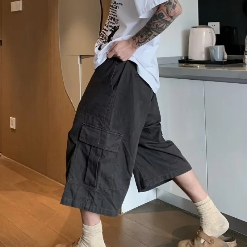 HEARUJOY  -  Cargo Cropped Pants Mens Summer New Multiple Pockets Casual Wide Leg Tooling Shorts Street Retro Paratrooper Overalls Thin