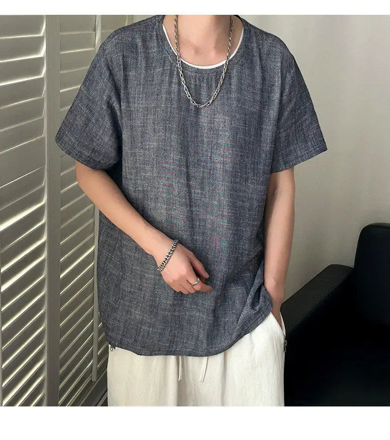 HEARUJOY  -  Korean Style Men's T-shirts Round Collar Short Sleeved Solid Color Mensweae New Summer Pullover Loose Male Tees