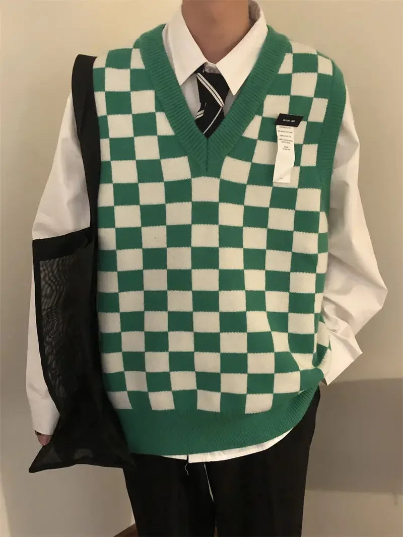 HEARUJOY  -  Waistcoat Plaid Green V Neck Sleeveless Knitted Sweaters for Men Black Man Clothes Vest Ugly Cotton Pull Oversize Sheap T Shirt