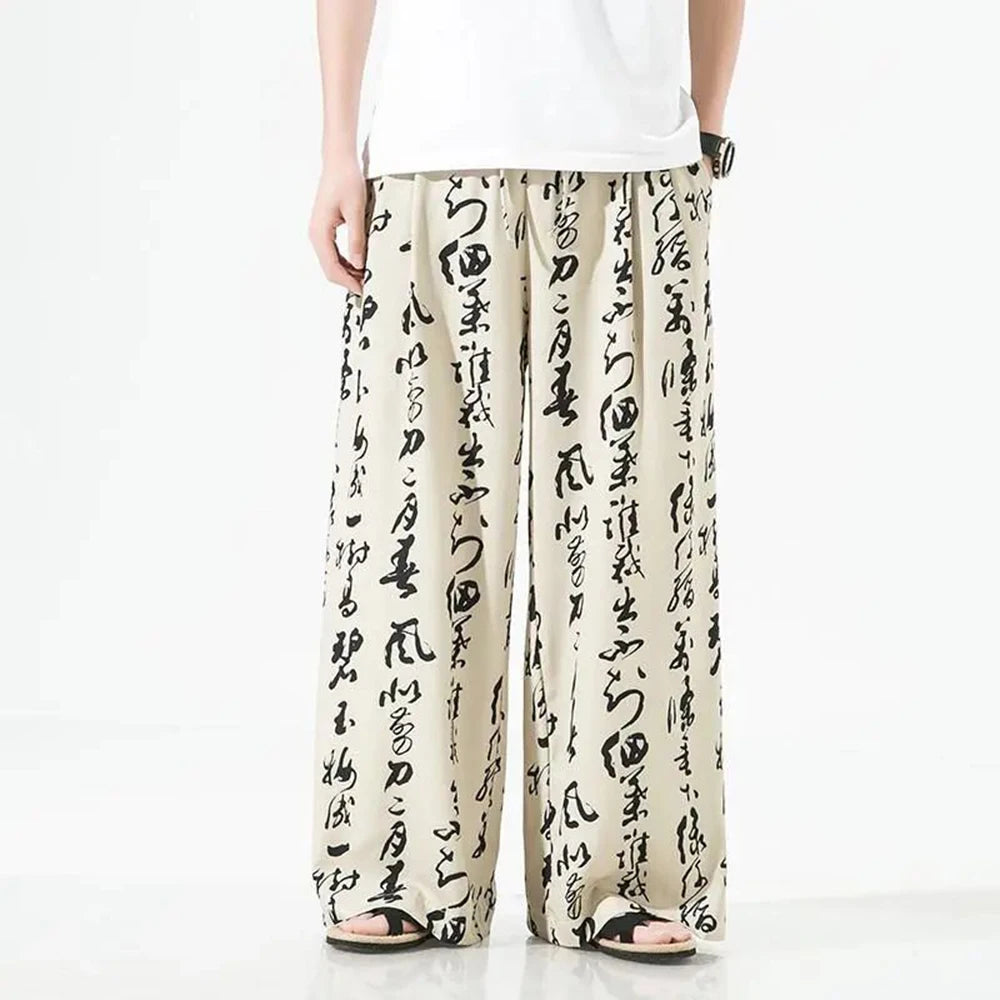 Hearujoy Men Chinese Style Printed Characters Wide Leg Pants Summer Fashion Sports Baggy Tide Trousers Darkwear Letter Streetwear Unisex