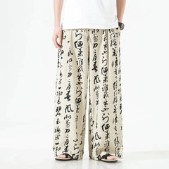 Hearujoy Men Chinese Style Printed Characters Wide Leg Pants Summer Fashion Sports Baggy Tide Trousers Darkwear Letter Streetwear Unisex