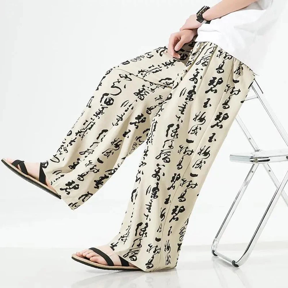 Hearujoy Men Chinese Style Printed Characters Wide Leg Pants Summer Fashion Sports Baggy Tide Trousers Darkwear Letter Streetwear Unisex