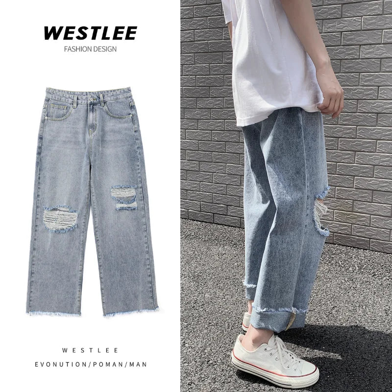 Hearujoy Spring and Summer New Men's Torn Jeans Street Hip-hop Loose Wide Leg Pants Thin Fur Pants Brand Men's Clothing Ripped