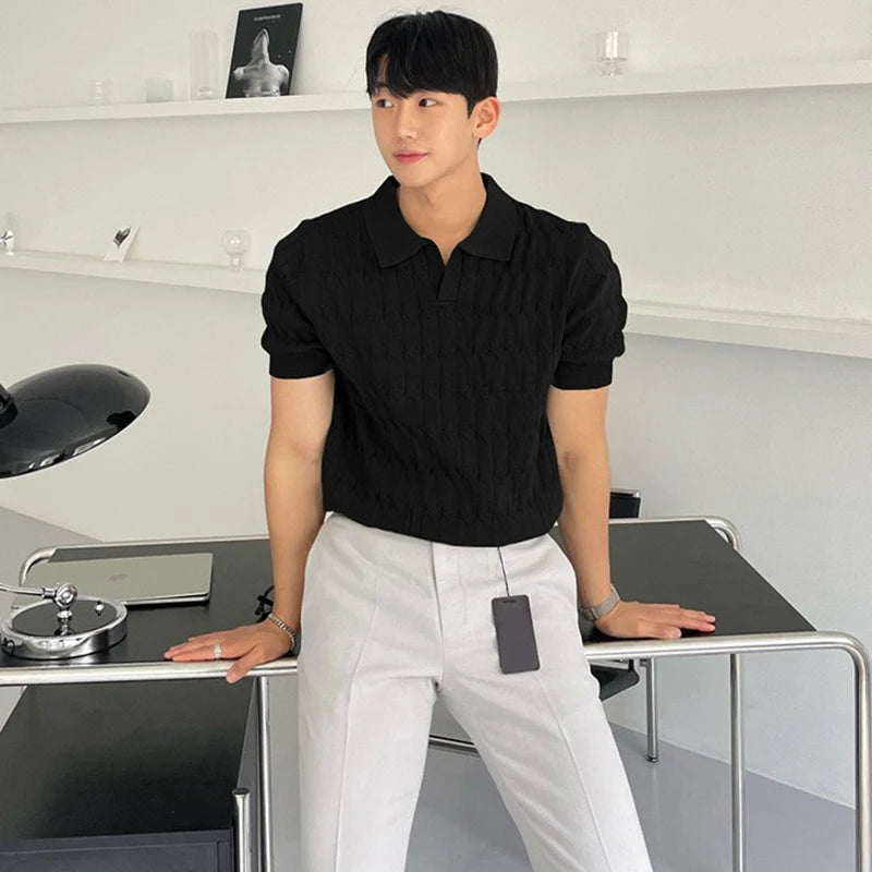 HEARUJOY  -  Summer Clothing Men's Light Luxury Knitted Jacquard Polo Shirt V-Neck Solid Color Short-sleeved Korean Popular Leisure Knitwear