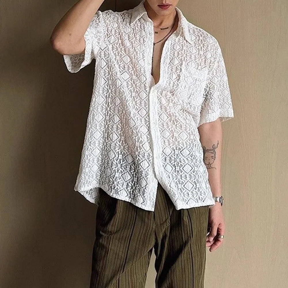 HEARUJOY  -  Mens Shirt Lace See-Through Transparent Geometric Shirt Summer Beach Vacation Hawaiian Slim Short Sleeve Top Men'S Clothing