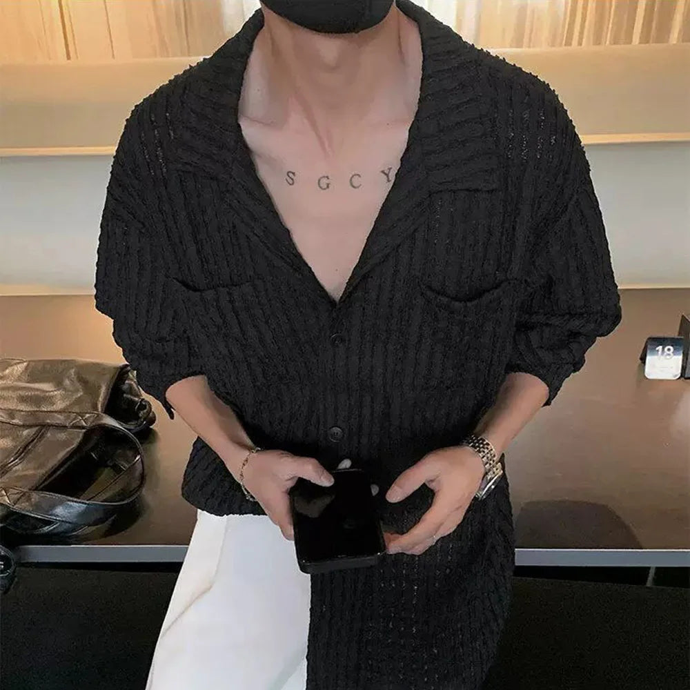 HEARUJOY  -  Mens Shirts Hollow Knitted Casual Shirts Spring Streetwear Fashion Thin Sexy Ballroom Long-Sleeved Tops Men'S Clothing 2025 New