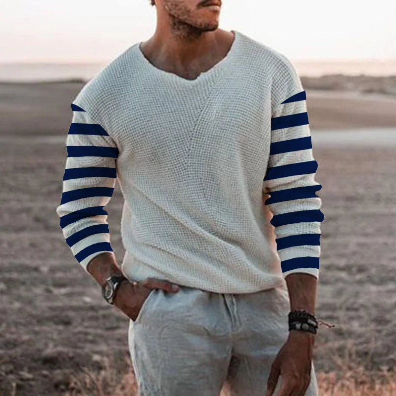 HEARUJOY  -  Men's Casual Knitted Sweater, Long Sleeve, Patchwork Color, O-Neck Tees Top, Loose Hollowed Breathable Knitwear, Streetwear