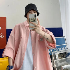 Hearujoy Retro Pink Shirt Jacket Men Spring Autumn Urban Style Short Sleeve Blouse Summer Work Shirts Unisex Streetwear