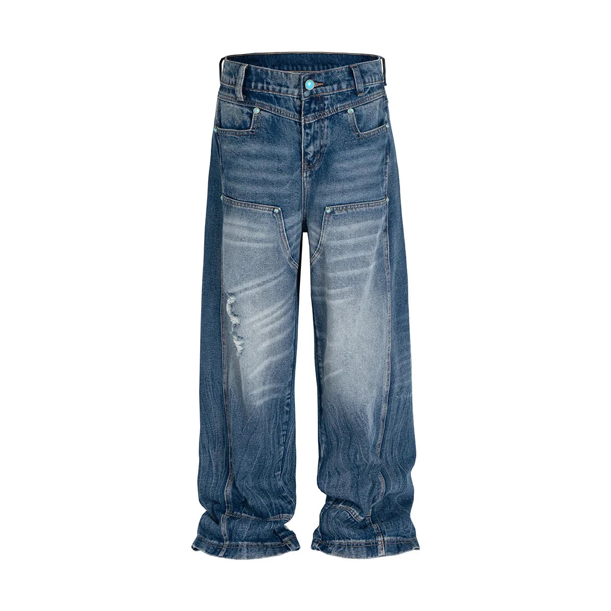 Hearujoy Distressed Logging Turquoise Jeans for Men and Women Streetwear Washed Baggy Denim Trousers Ripped Hole Loose Cargo Pants
