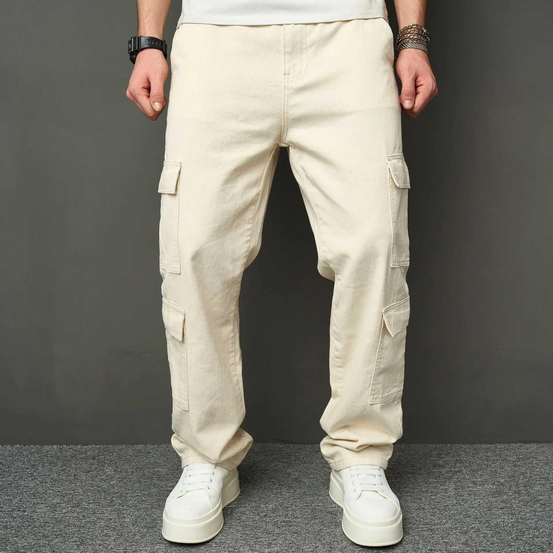 HEARUJOY  -  Spring Autumn Men American High Street Multi Pocket Cargo Pants Loose Straight Jeans Washed Workwear Wide Leg Denim Trousers