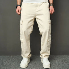 HEARUJOY  -  Spring Autumn Men American High Street Multi Pocket Cargo Pants Loose Straight Jeans Washed Workwear Wide Leg Denim Trousers