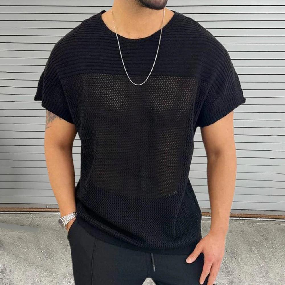 HEARUJOY  -  Comfort Men Top T-shirts O Neck Hollow Out Knitted Knitting Loose Regular Short Sleeve Solid Sports Stylish Summer