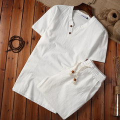 HEARUJOY  -  5XL Summer Loose-fit Vintage Casual Cotton Linen Suit For Men Chinese Style Long Sleeve T-shirt Shorts Two-piece Set