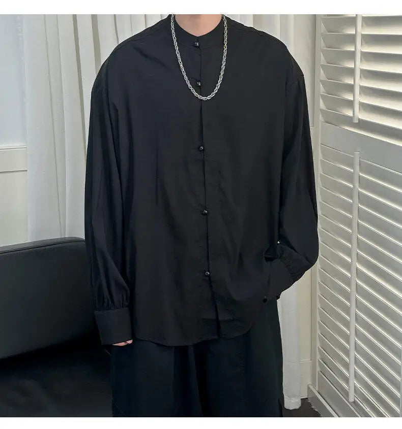 HEARUJOY  -  Korean Style Men's Casual Shirts Stand Collar Solid Color Single Breasted Loose Long Sleeved Male Tops New Summer