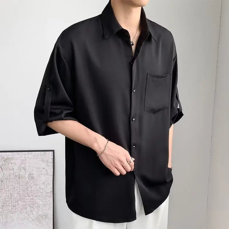 Hearujoy Solid Color Ice Silk Shirts for Men Short Sleeve Summer Drape Lapel Button Korean Loose Business Casual Top High-end White Shirt