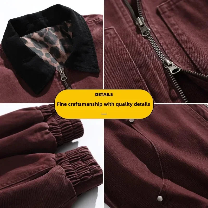 HEARUJOY  -  Men's Jacket Men's Workwear Collared Outerwear Vintage Pure Cotton Leopard Print Detroit Jacket Mens Leather Bomber Jacket Denim