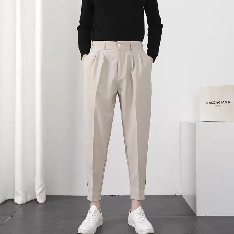 HEARUJOY  -  Summer Fashion Leggings Trendy Versatile Suit Pants Men's Solid Patchwork Zippere Button Pockets 9-inch Straight Casual Trousers