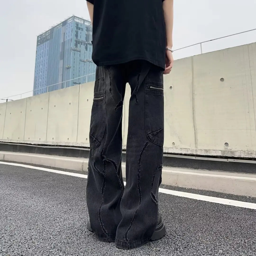 Hearujoy Streetwear Men Cargo Jeans Pocket Design Loose Plus Size Neutral Wide Leg Pants Harajuku Casual Straight Denim Pants Gothic Y2K