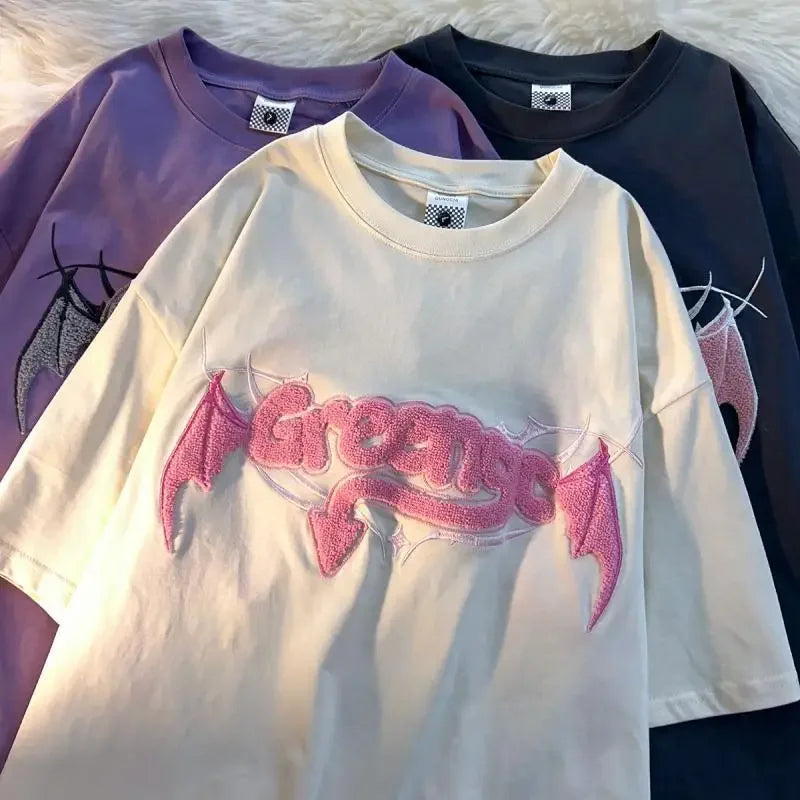 Hearujoy Gothic little devil pattern letter flocking embroidery short-sleeved T-shirt summer loose y2k street women's clothing